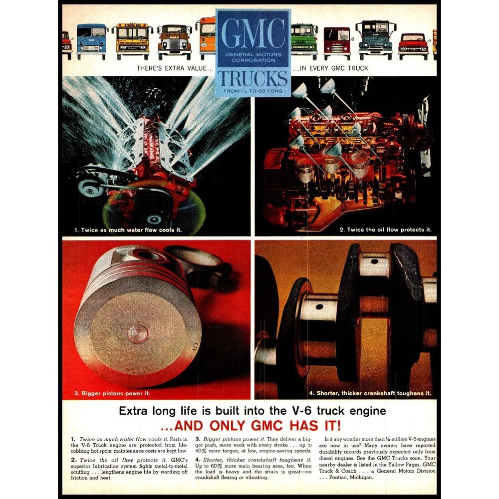 1963 GMC Trucks Engine Components Vintage Print Ad Piston Crankshaft Wall Art